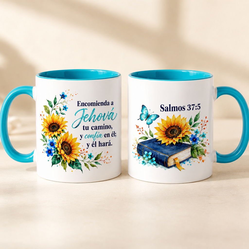 Taza Salmos 37:5 con Girasoles, Regalo de Fe