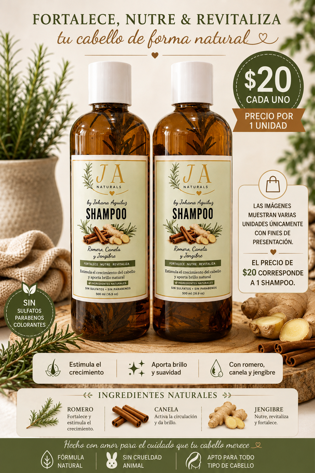 Shampoo Natural de Romero, Canela y Jengibre | JA Naturals