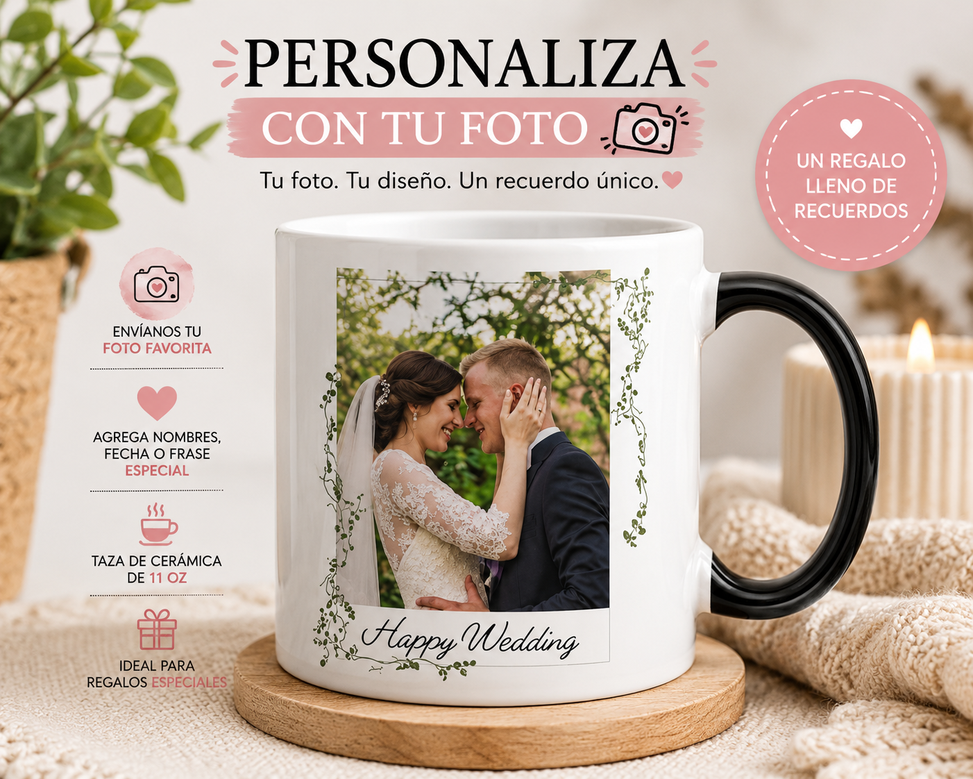 Taza Personalizada con Foto 11 oz | Regalo para Boda, Aniversario o Pareja | Taza con Foto y Texto Personalizado