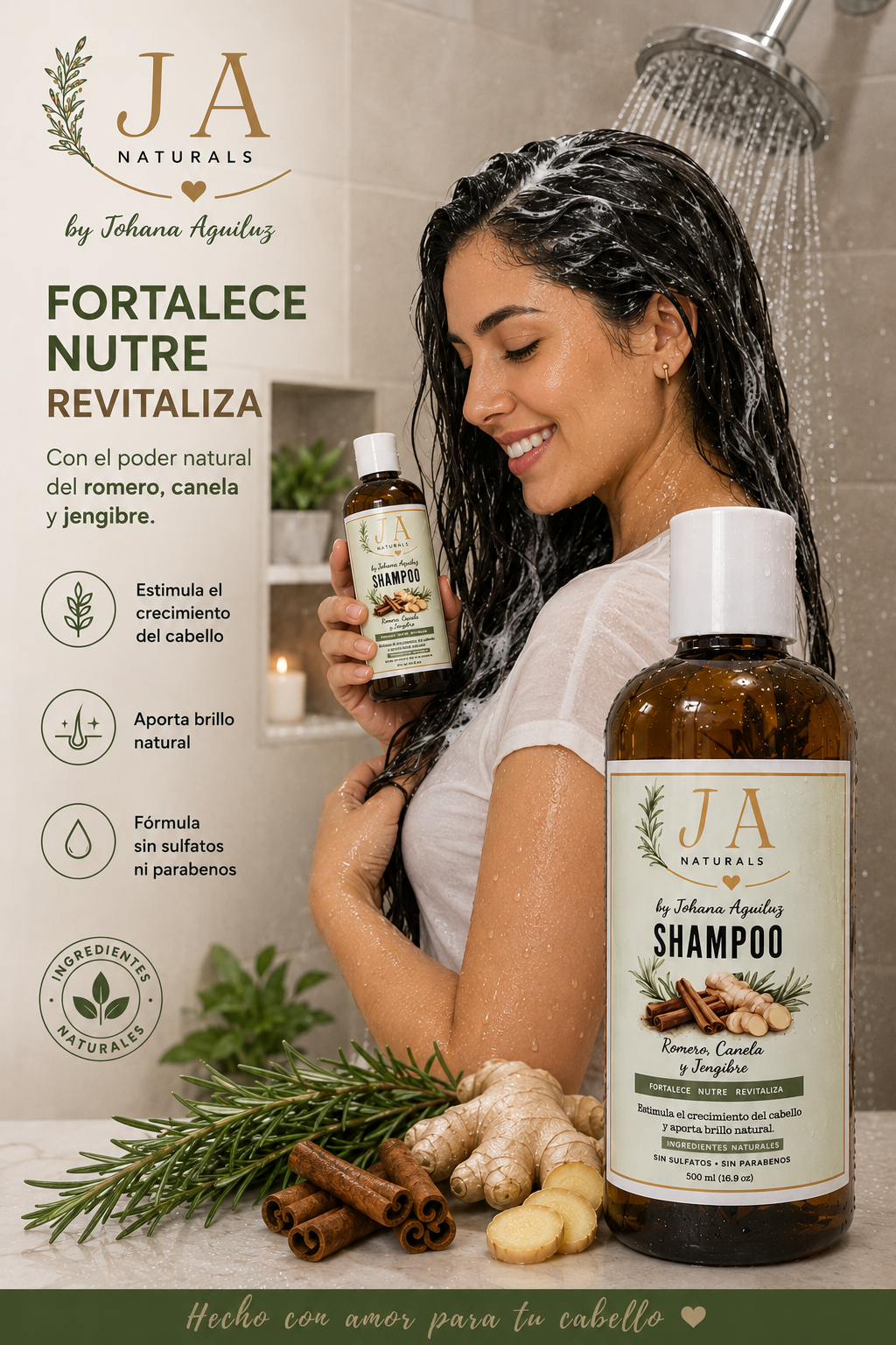 Shampoo Natural de Romero, Canela y Jengibre | JA Naturals