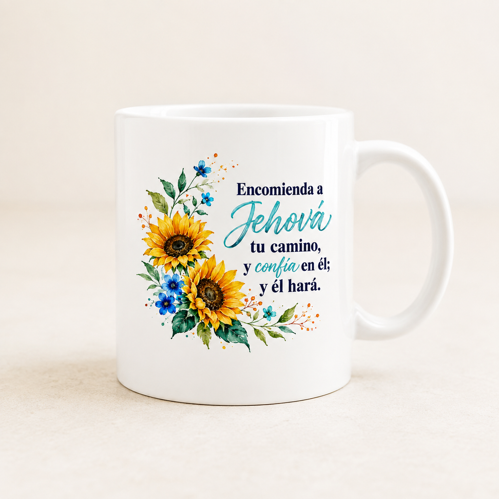 Taza Salmos 37:5 con Girasoles, Regalo de Fe