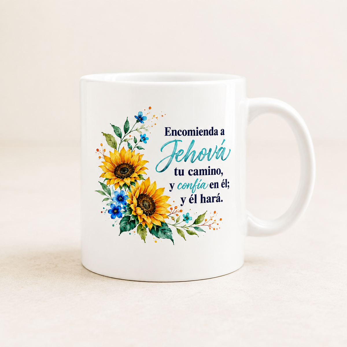 Taza Salmos 37:5 con Girasoles, Regalo de Fe