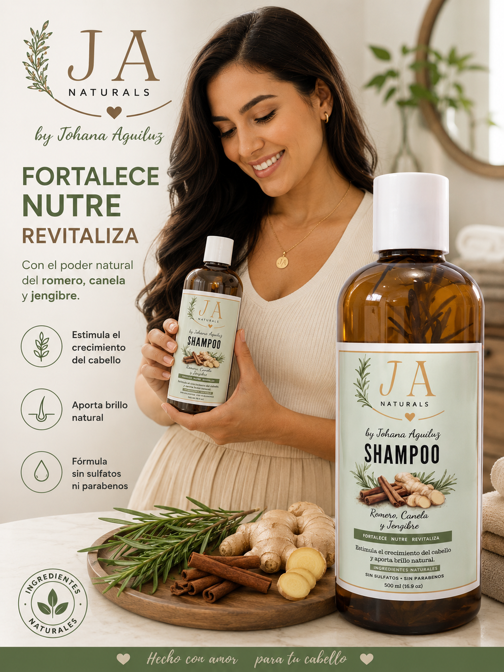 Shampoo Natural de Romero, Canela y Jengibre | JA Naturals
