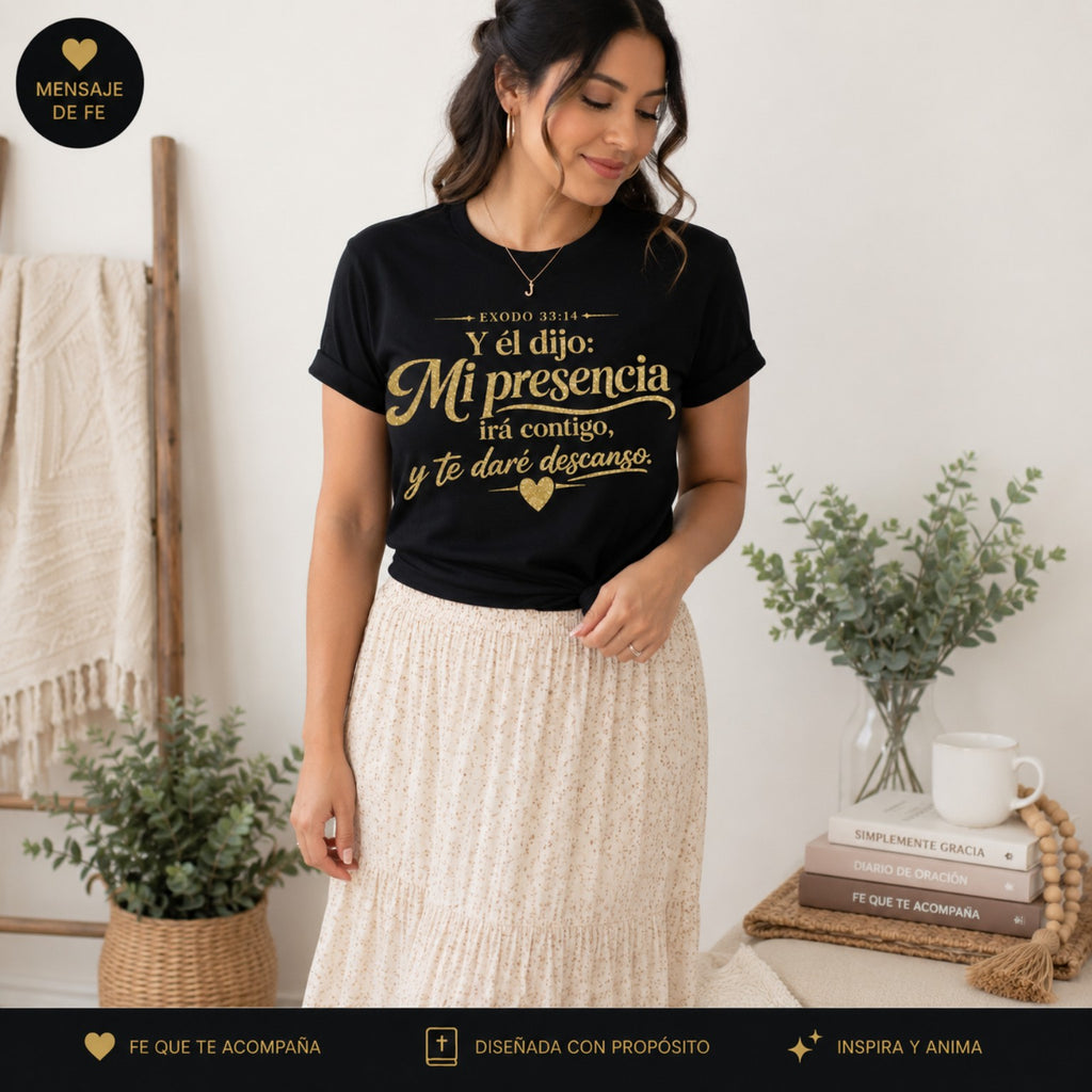Camiseta Cristiana para Mujer – Mi Presencia Irá Contigo | Éxodo 33:14 / Glitter Premium