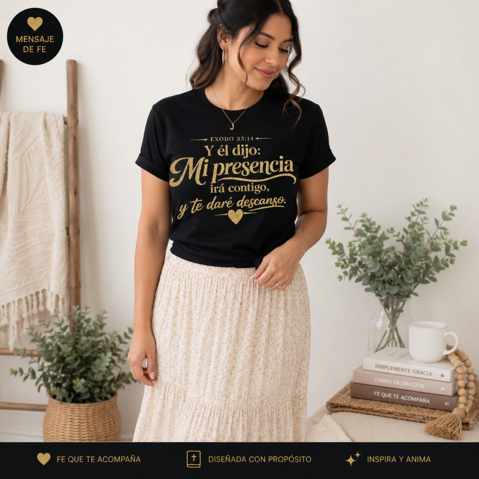 Camiseta Cristiana para Mujer – Mi Presencia Irá Contigo | Éxodo 33:14 / Glitter Premium