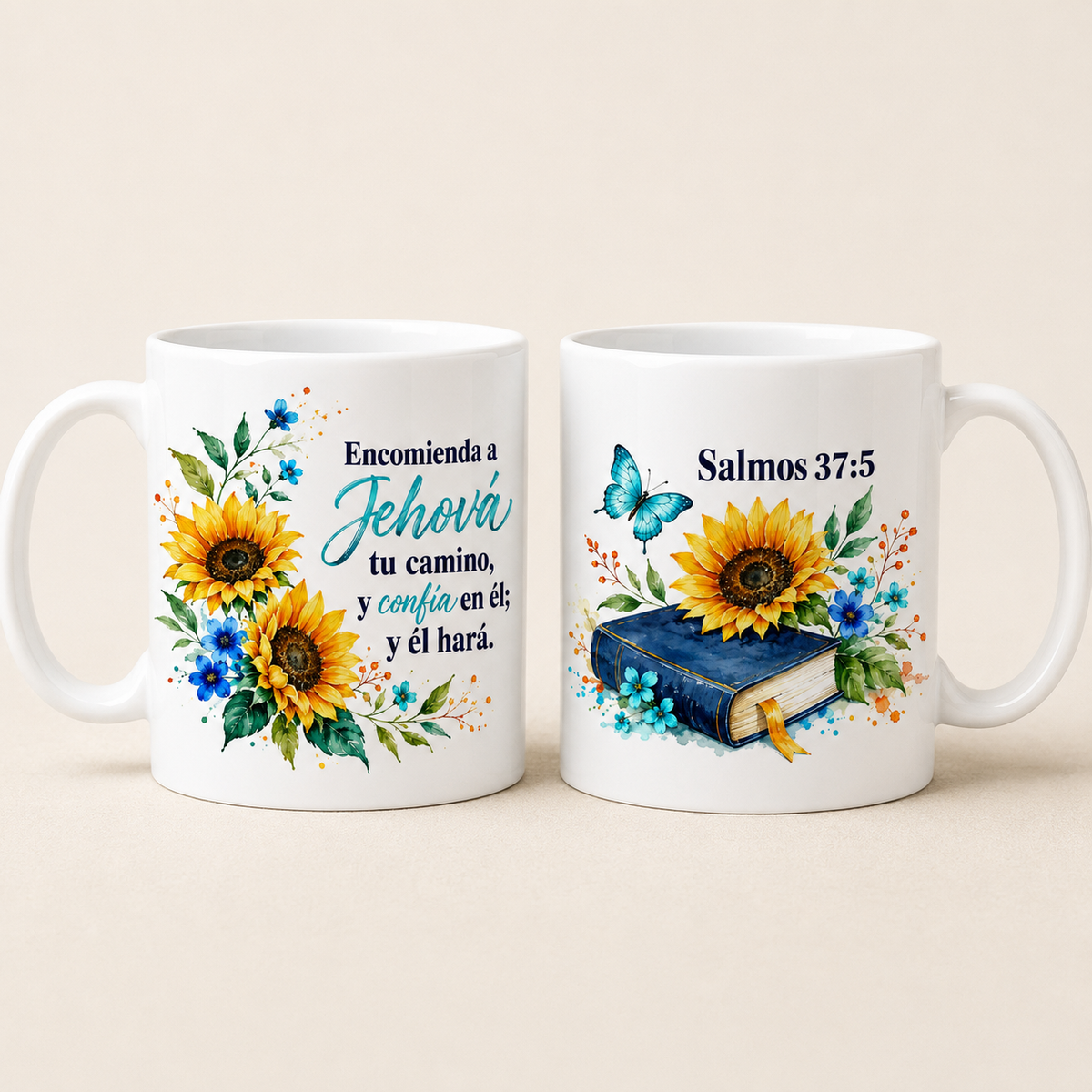 Taza Salmos 37:5 con Girasoles, Regalo de Fe