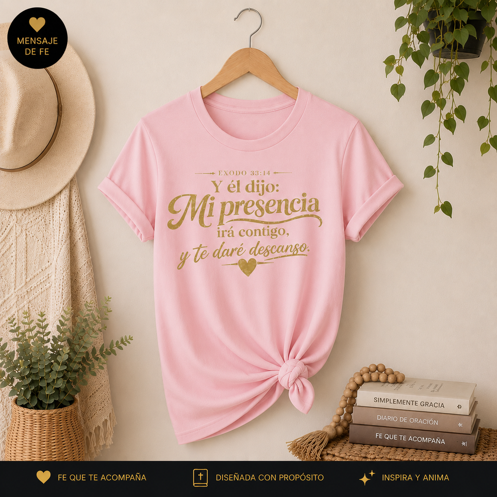 Camiseta Cristiana para Mujer – Mi Presencia Irá Contigo | Éxodo 33:14 / Glitter Premium