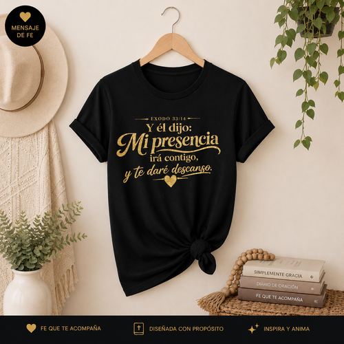 Camiseta Cristiana para Mujer – Mi Presencia Irá Contigo | Éxodo 33:14 / Glitter Premium