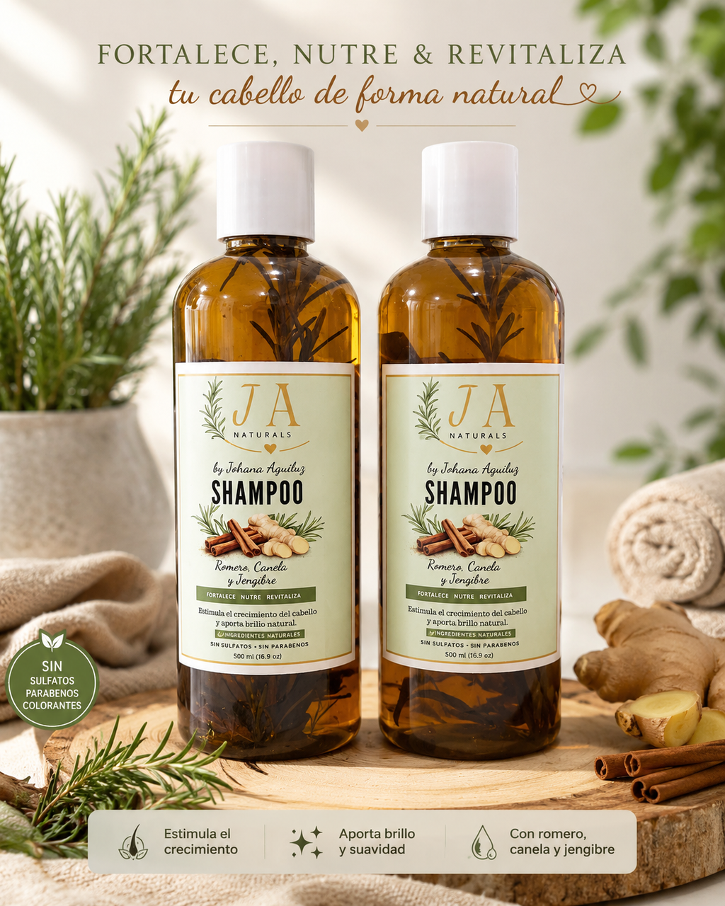 Shampoo Natural de Romero, Canela y Jengibre | JA Naturals