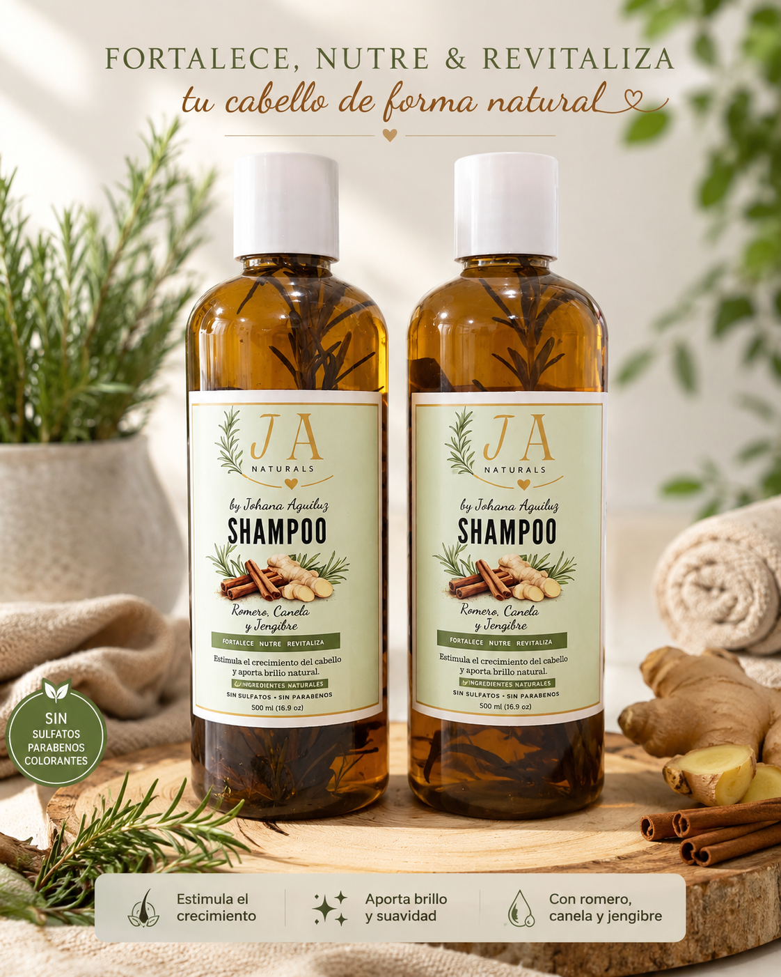 Shampoo Natural de Romero, Canela y Jengibre | JA Naturals
